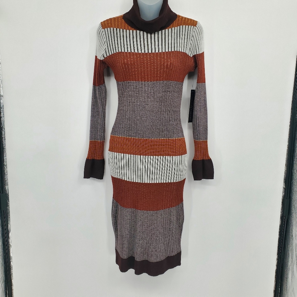 ◇◇ Almost Famous Striped Turtleneck Sweater Dress Size Large Black Brown Gray